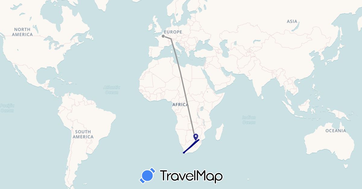 TravelMap itinerary: driving, plane in Switzerland, France, South Africa (Africa, Europe)